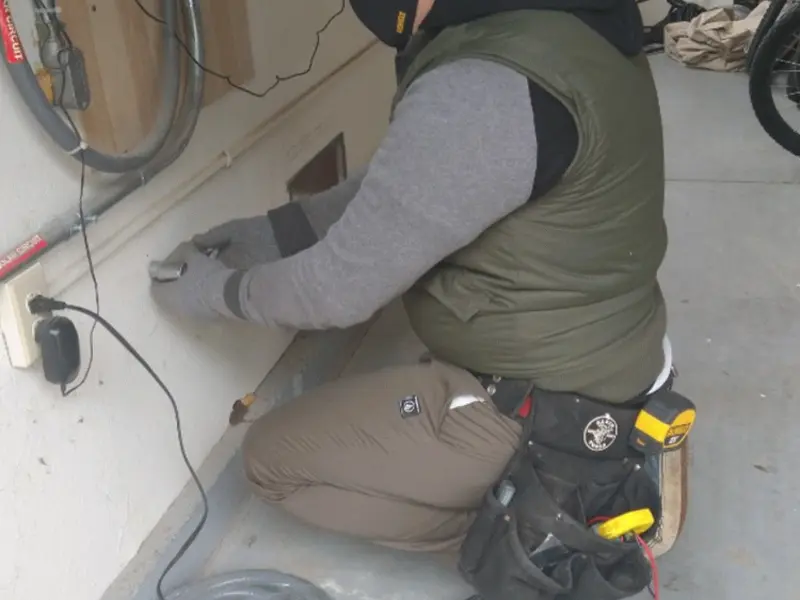 Electrician performing outlet wiring in a Sunset garage
